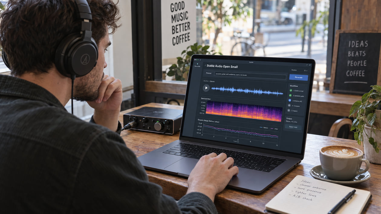 Indie music producer working at compact home studio desk with audio interface