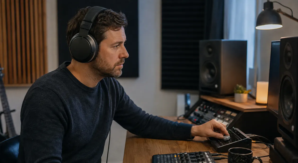 Music creator comparing cleanup choices on headphones in a compact home studio
