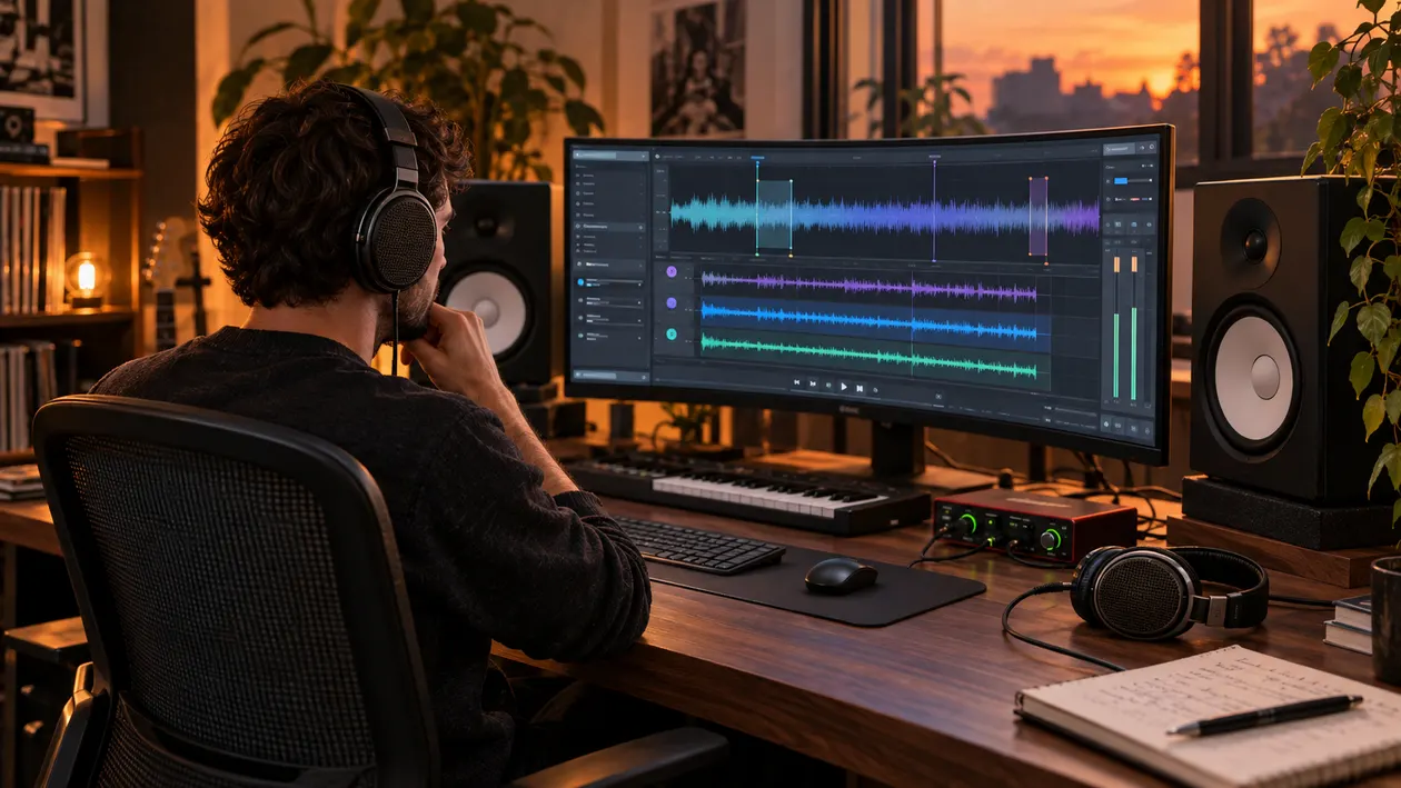 Music producer in studio headphones evaluating sound quality at a mixing desk with audio interface and monitor speakers