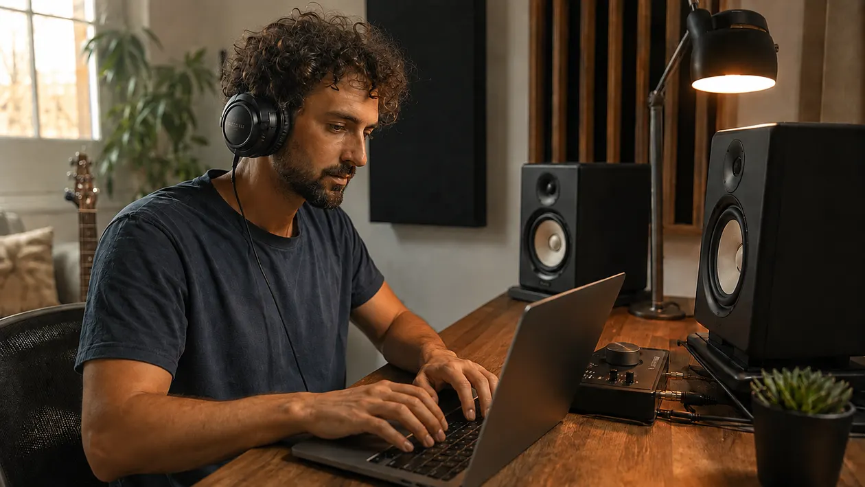 Music creator listening on headphones, looking at a laptop, and typing on its keyboard with both hands in a compact home studio
