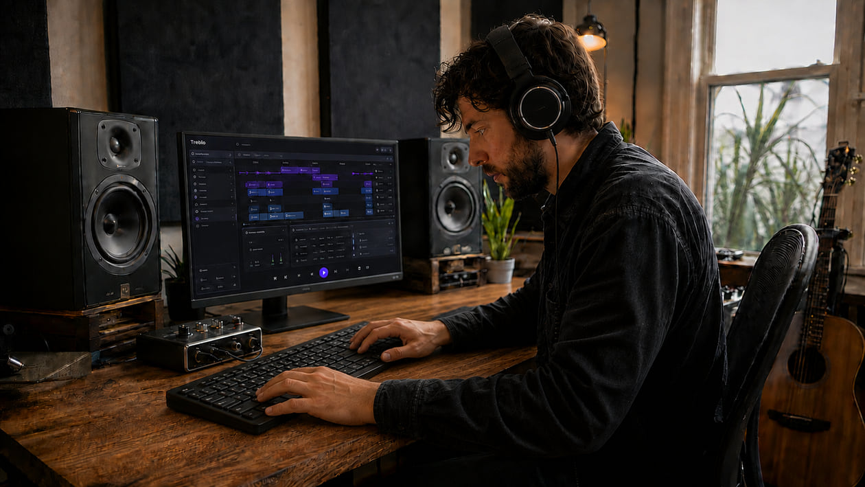 Music creator wearing headphones and using a standalone keyboard in front of Treblo on a desktop monitor
