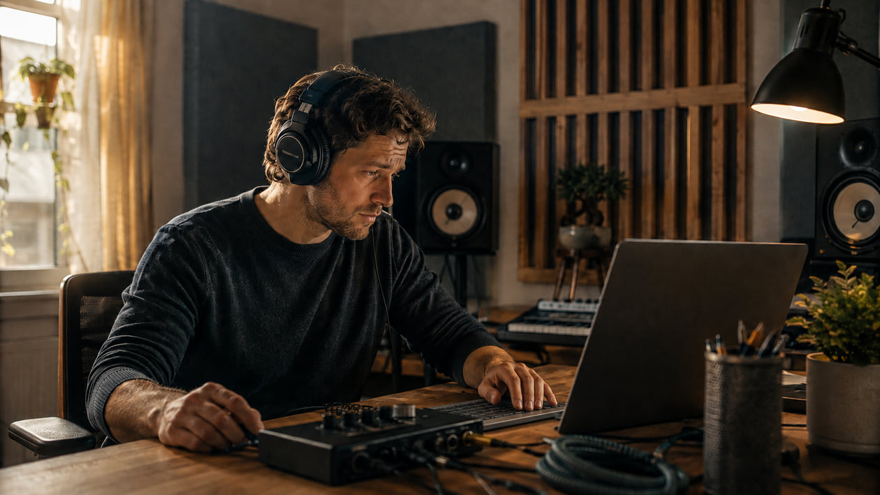 Music creator comparing two song exports by listening in a compact home studio