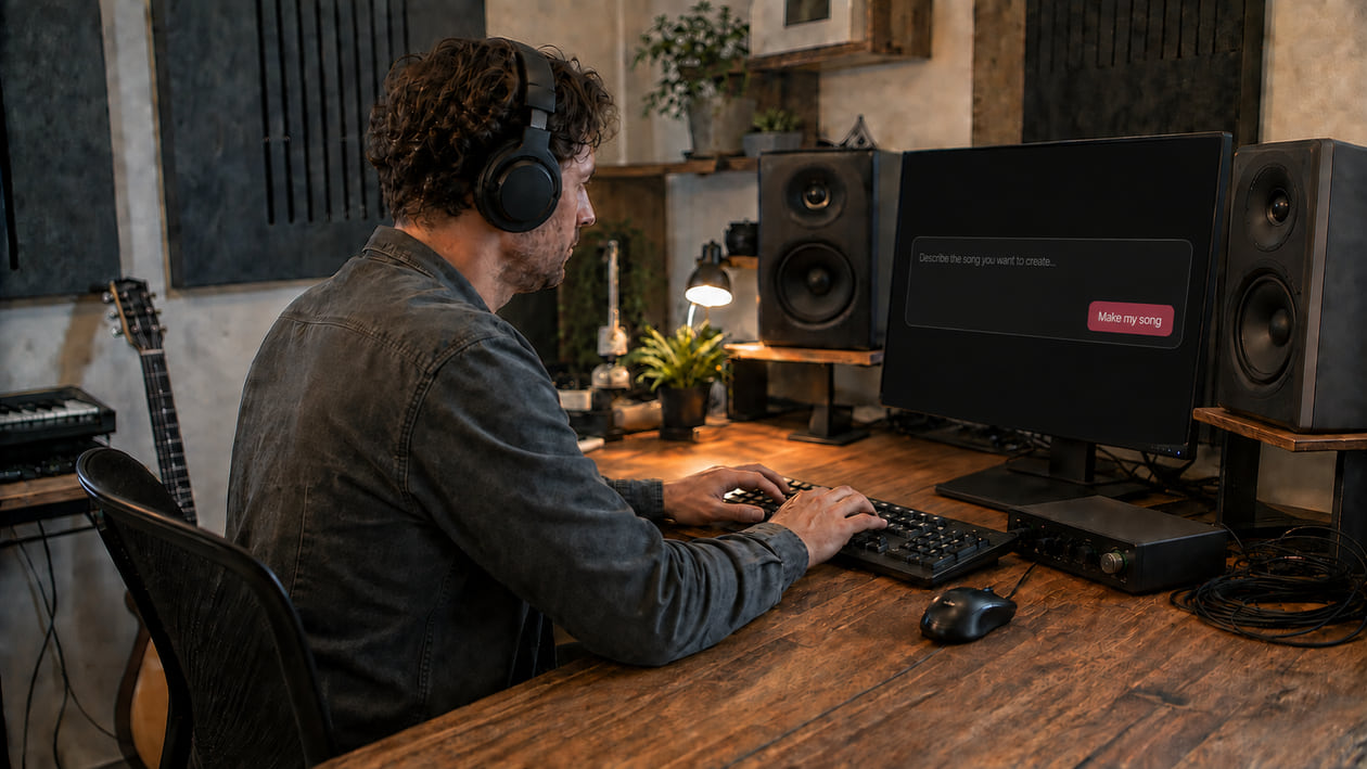 Music creator wearing headphones and using the Treblo AI music generator at a home studio desk