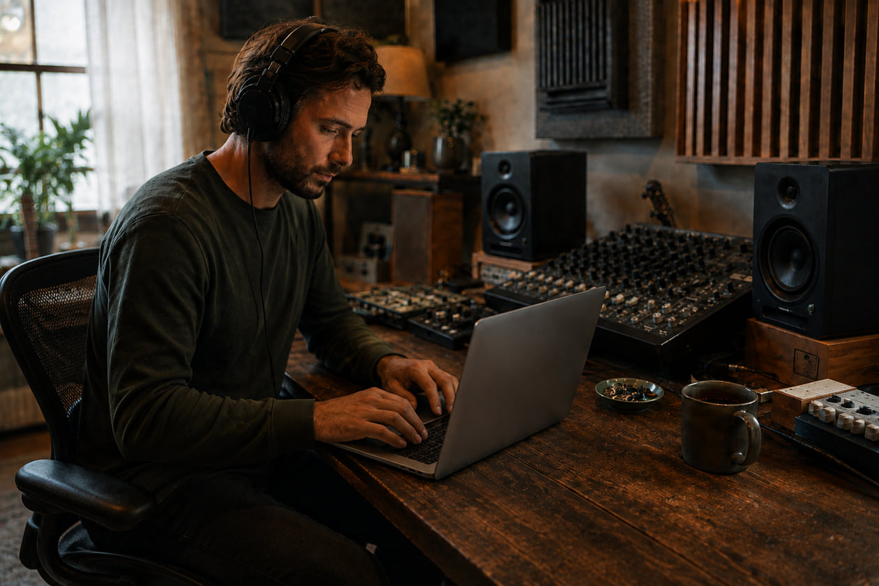 Music creator comparing audio versions by ear and taking notes in a home studio