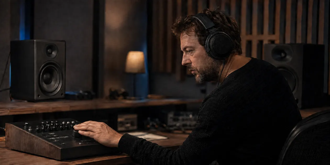 Music creator making a small mastering adjustment while listening critically on headphones in a home studio