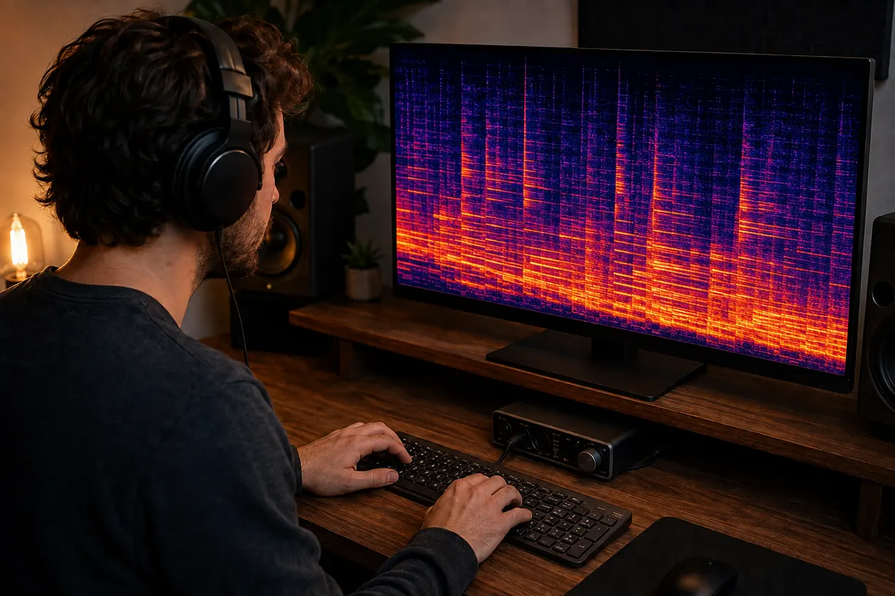 Music creator wearing headphones and comparing an audio spectrogram on a studio monitor
