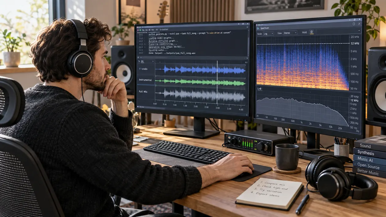 Music producer in studio headphones critically comparing YuE vocal, instrumental, and full-mix tracks beside a spectrogram