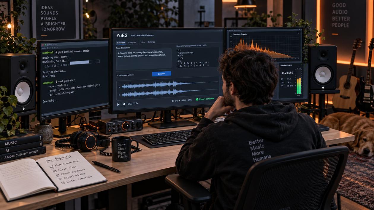 Producer running YuE2 locally in a studio while reviewing a stereo waveform and spectrum analyzer