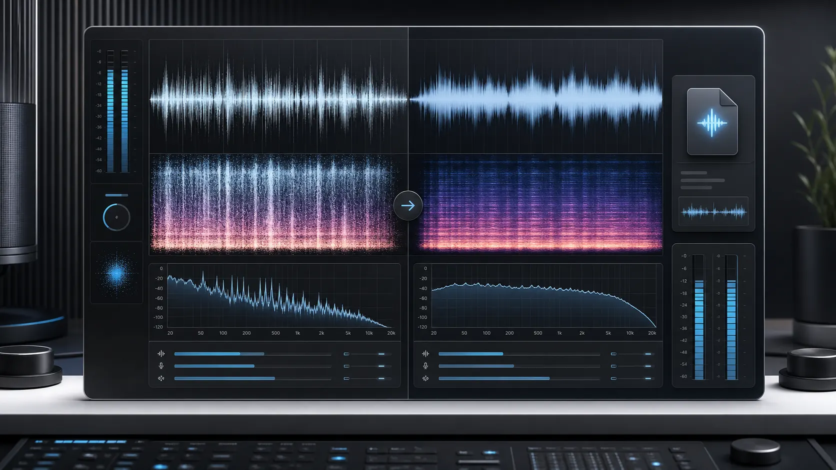 Before and after audio waveform and spectrogram for Suno cleanup before mastering